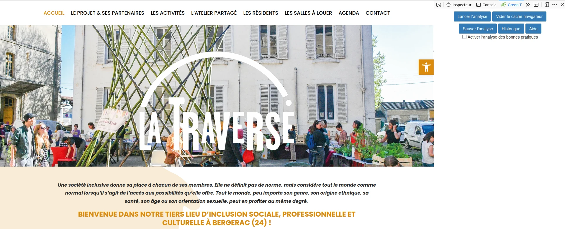 Capture d'écran des outils de développement ouverts sur l'onglet GreenIT