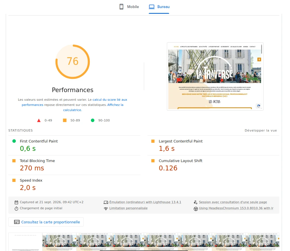 Détail des résultats du test PageSpeed Insights du site La Traverse